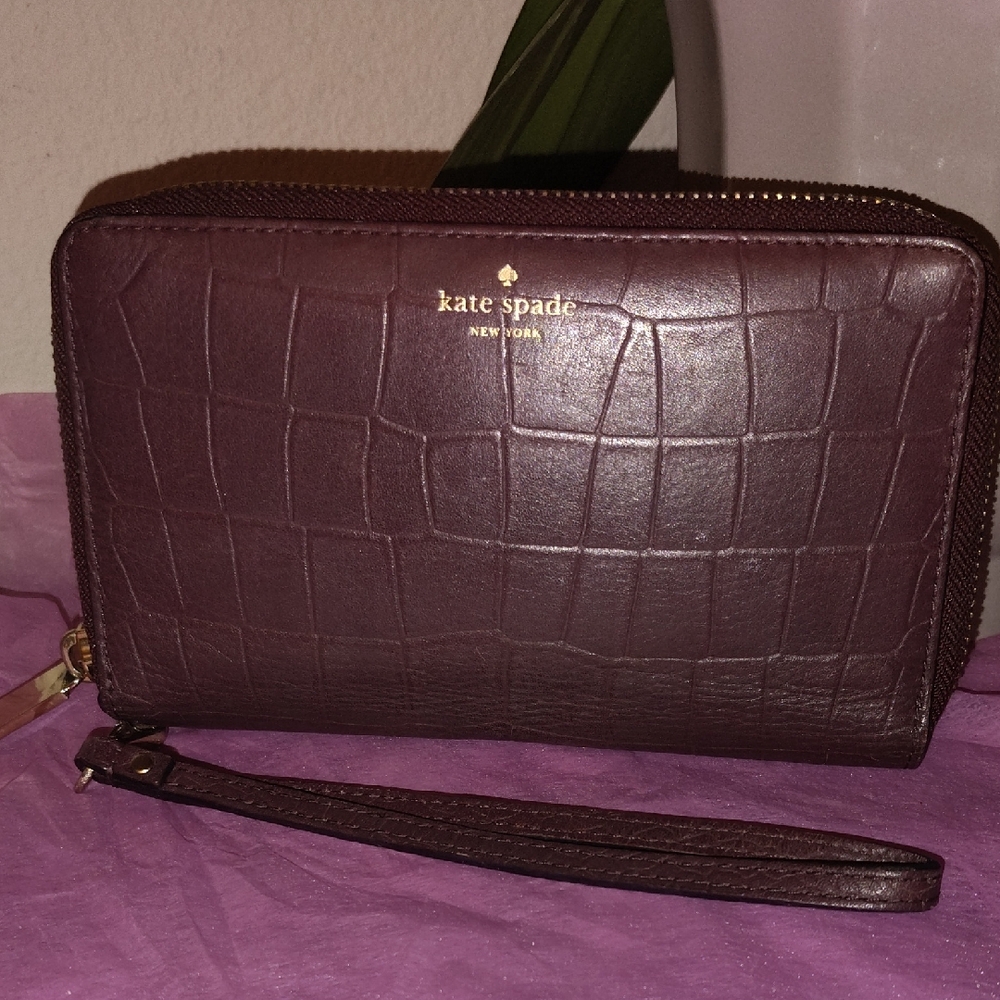 Kate Spade  Croc-Embossed Deep Burgundy Leather Clutch Wallet